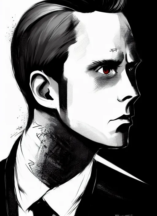 Image similar to highly detailed closeup portrait of martin wallstrom, slick back hair wearing suit by atey ghailan, by greg rutkowski, by greg tocchini, by james gilleard, by joe fenton, by kaethe butcher, gradient blue, black and white only color scheme, grunge aesthetic!!! ( ( graffiti tag wall background ) )