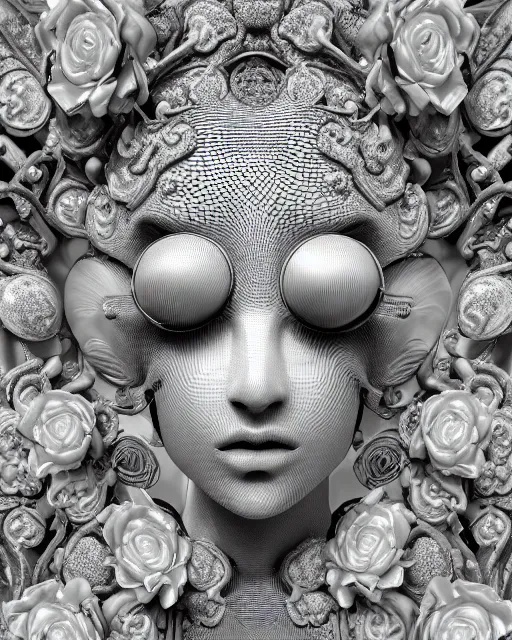 Image similar to mythical dreamy black and white organic bio-mechanical spinal ribbed profile face portrait detail of translucent steampunk beautiful siamese sisters females angelic-human-queen-vegetal-cyborg, highly detailed, intricate trnaslucent ivy jelly ornate, poetic, translucent roses ornate, 3D render, digital art, octane render, 8K artistic photography, photo-realistic, by Dora Maar