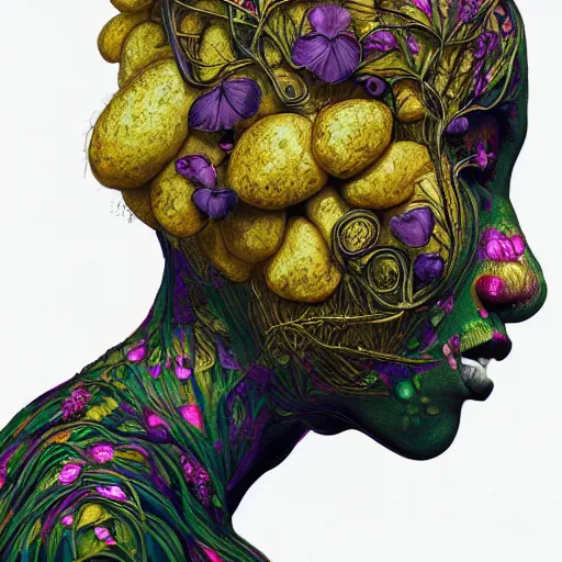 Image similar to the head of an unbelievably elegant and beautiful black woman partially made of potatoes roots and violets, an ultrafine detailed illustration by james jean, final fantasy, intricate linework, bright colors, behance contest winner, vanitas, angular, altermodern, unreal engine 5 highly rendered, global illumination, radiant light, detailed and intricate environment