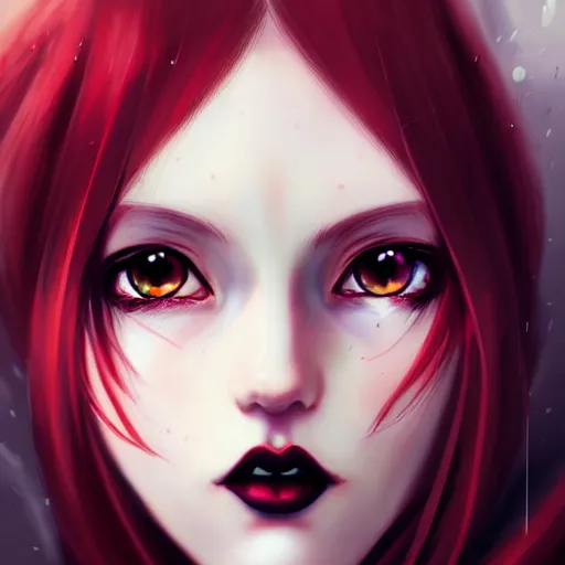 Image similar to facial portrait of a young pretty anime woman, long red hair, dark eyes, gothic eyeliner, character concept art, headshot, Charlie Bowater, Anna Dittmann, WLOP, Rumiko Takahashi, Akihiko Yoshida, Hyung-tae Kim, alexander mcqueen, trending on Artstation