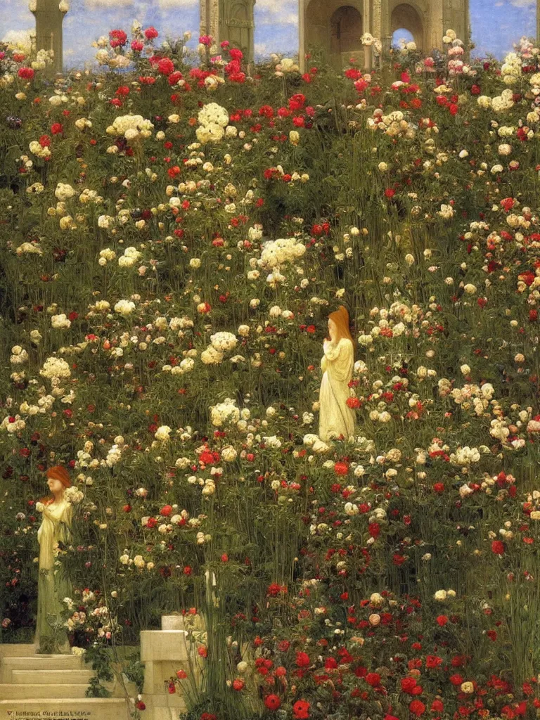 Image similar to the grand temple of flowers, by thomas cooper gotch and frederick arthur bridgman. pre raphaelite, art nouveau, fantasy architecture, symmetry