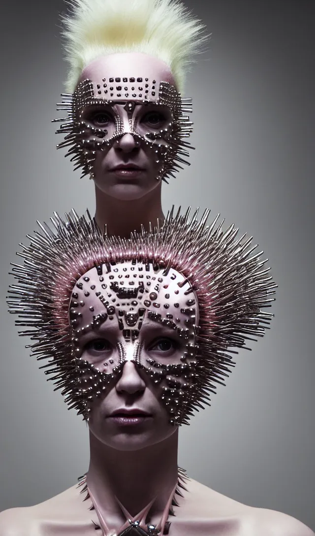 Image similar to portrait of a biomechanical goddess wearing a steel spikes studded iridescent beauty mask and pink hair buns, wearing a black bodysuit by alexander mcqueen, cream white background, soft diffused light, biotechnology, humanoid robot, perfectly symmetric, bjork aesthetic, translucent, by rineke dijkstra, intricate details, highly detailed, masterpiece,