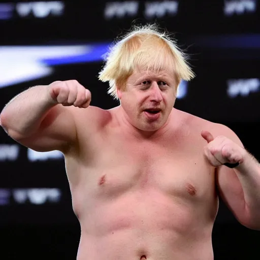 Image similar to boris johnson as an angry muscular wwe wrestler wearing a cap hat. he is looking closely at his fingers