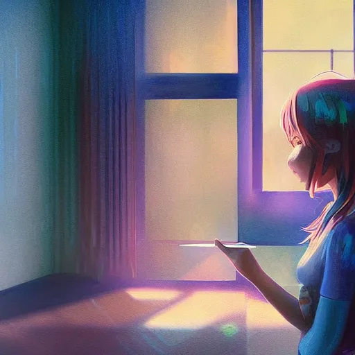Prompt: medium sensor, 88mm lense , depth of field, rim lights, anime, advanced digital art, soft blur, girl making a painting in a room filled with art supplies, sun rays coming in through a window on the left in the style of RossDraws.