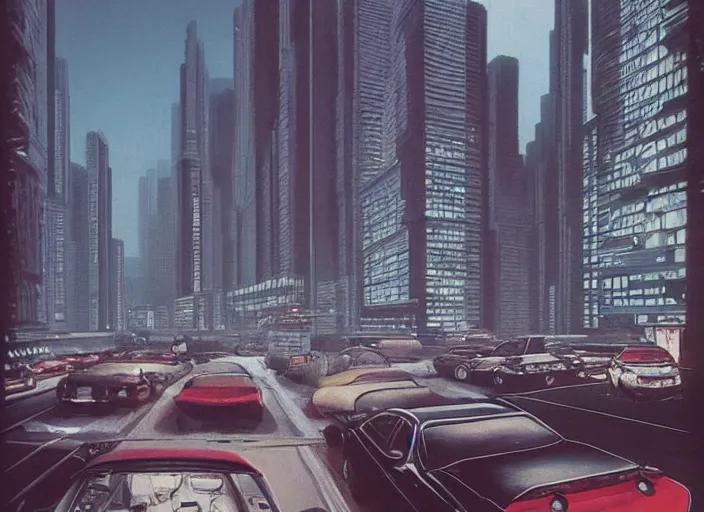 Image similar to 5 cars driving down a street in the city of [[[[[Eindhoven]]]]] next to tall buildings the night at 8:00 am, cyberpunk art by Chesley Bonestell, cgsociety, retrofuturism, matte painting, reimagined by industrial light and magic