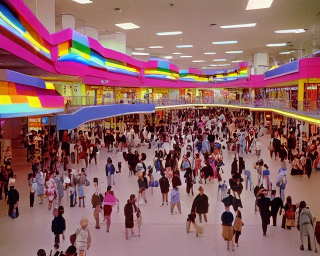 Prompt: the interior of a colorful 1 9 8 0 s mall packed with mall - goers