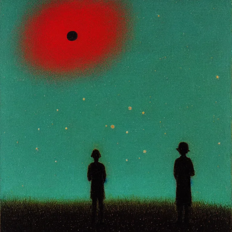 Prompt: a small figure standing on grassy field staring at the stars, warn lighting, glowing, arkhip kuindzhi painting, teal palette, eschaton