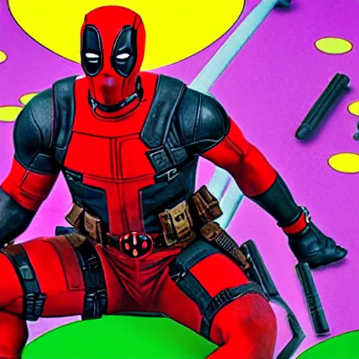 Prompt: deadpool stands in candyland, buildings, 8 k photography, detailed