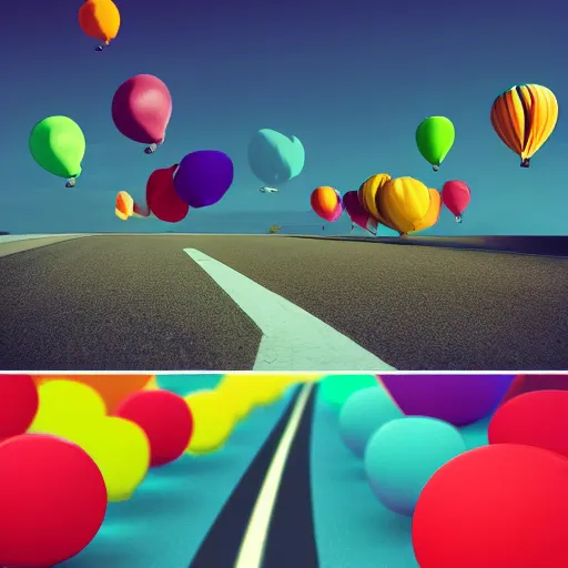 Prompt: a road made of balloons digital painting, matte painting, in the style of Beeple, 8k, highly detailed