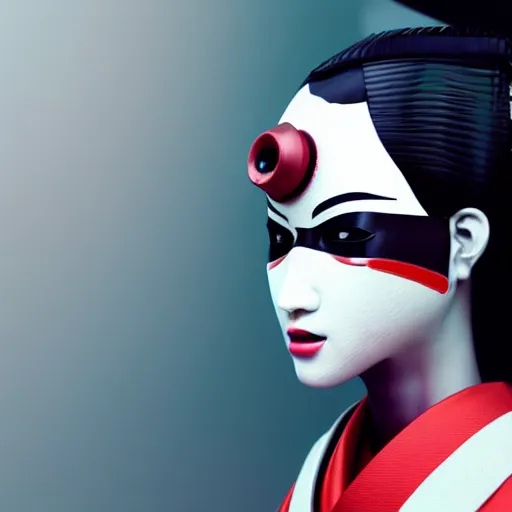 Image similar to japanese geisha robot android portrait, kabuki mask, cyberpunk, minimalistic in the style of ash thorp, beautiful, cinematic lighting, octane renderer, unreal engine 5