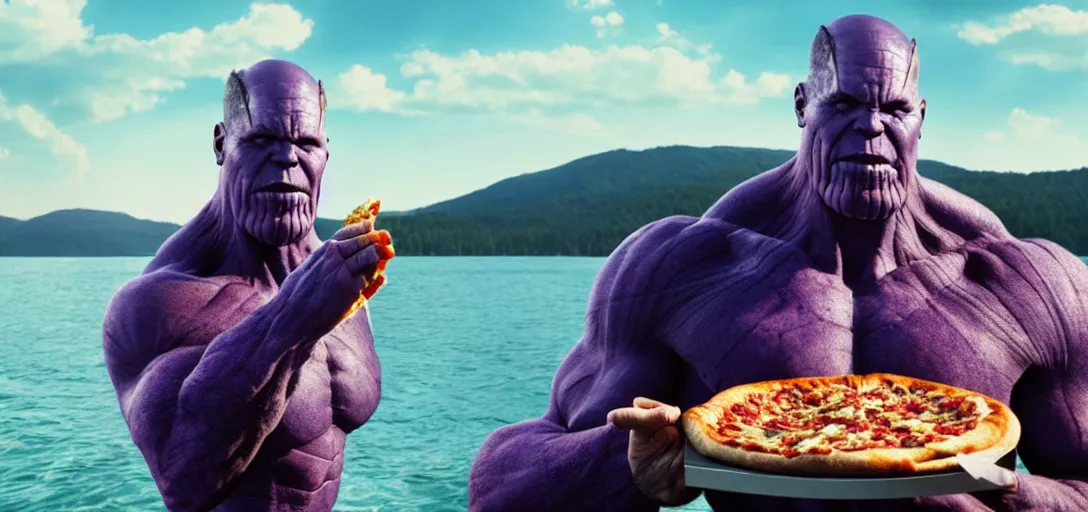 Image similar to a very high resolution image from a new movie. thanos eating pizza on a lake, photorealistic, photography, directed by wes anderson