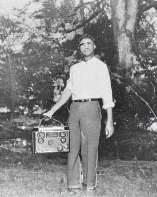 Prompt: a vintage photo of a man with a boombox instead of a head