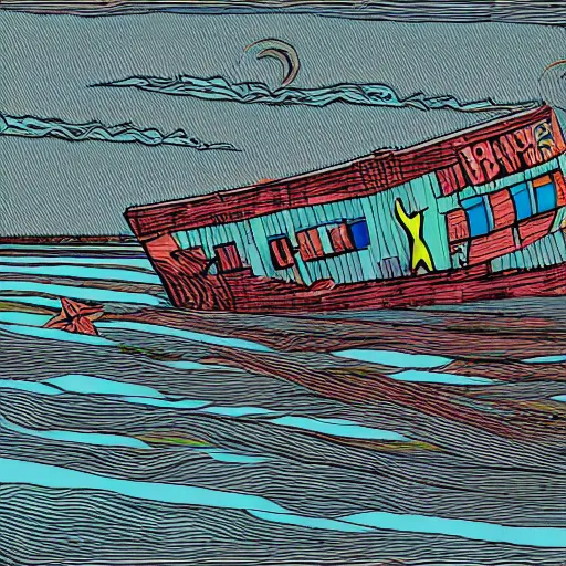 Prompt: an abandoned ship on the aral sea desert, in the style of daniel johnston and outsider art, 8 k, line brush, minimal, gradiated colors, overlaid with cyrillic adverts