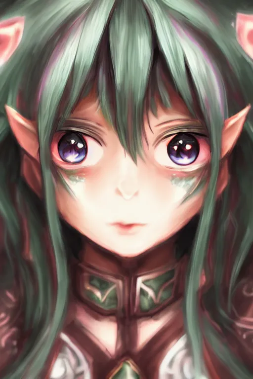 Image similar to adorable young cute anime elf girl, long black hair, fantasy armor. symmetrical face. symmetrical detailed defined eyes. beautiful lineart. bokeh pixiv # 1 ranking depth focus, chromatic aberration, noise, soft lighting, srgb, 4 k, cinematic