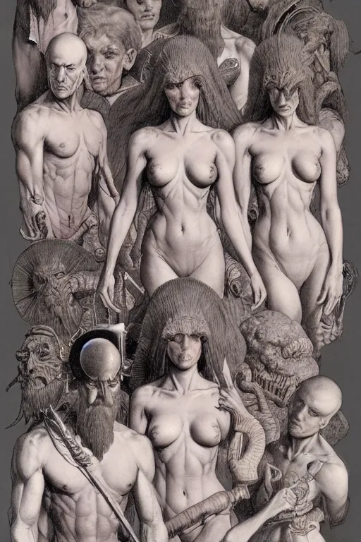 Image similar to a character sheet in the style of wayne barlowe, gustav moreau, goward, bussiere, roberto ferri, santiago caruso, luis ricardo falero, frazetta