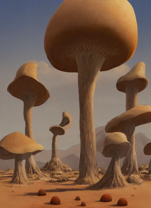 Prompt: painting of a desert scene with a large mushroom, concept art by moebius, behance contest winner, nuclear art, concept art, matte drawing, official art