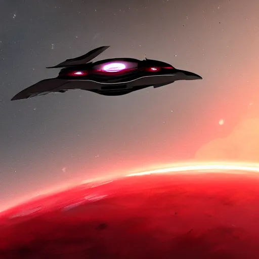 Prompt: black spaceship with red lights flying through the atmosphere concept art realistic