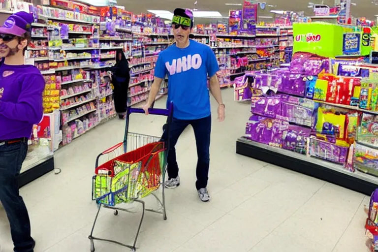 Prompt: waluigi robbing a kmart