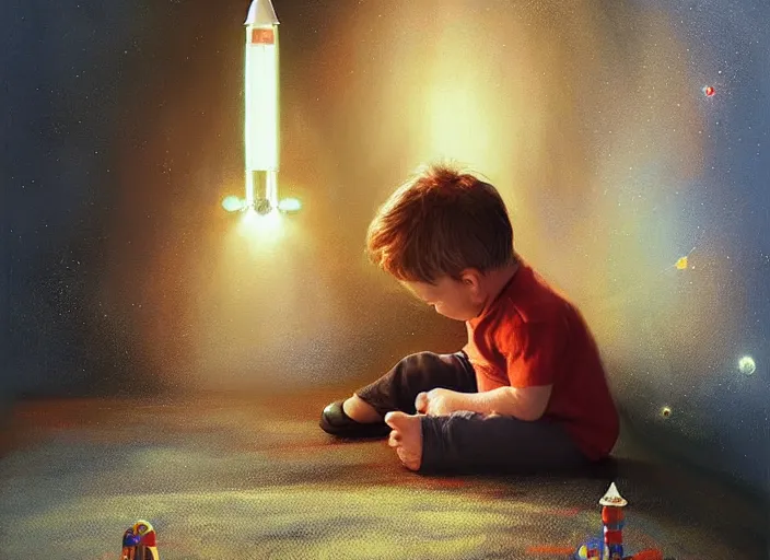 Image similar to toddler elon musk sitting on a shaggy rug playing with his little space rockets, realistic painting, beautiful soft lighting, istvan sandorfi