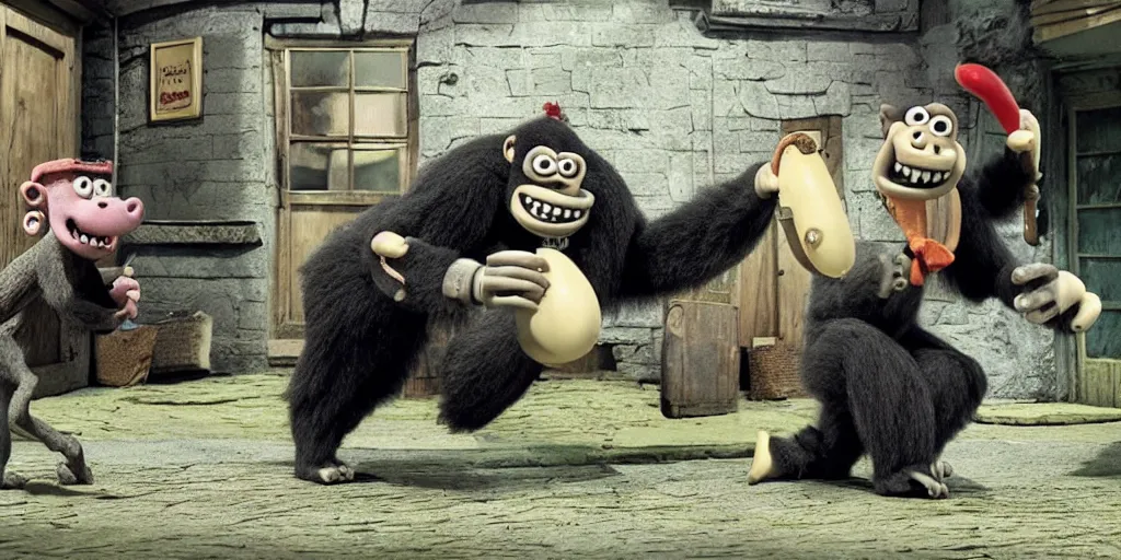 Prompt: still from Wallace and Gromit of a gorilla scaring everyone