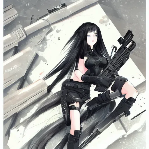 Image similar to upper body portrait of a beautiful girl with long black hair, wearing black riot gear, holding AR-15, drawn by WLOP, by Avetetsuya Studios, attractive character, colored sketch anime manga panel, trending on Artstation