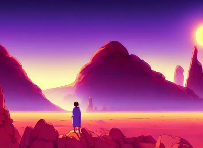 Image similar to cel shading background, science fiction pc game point - and - click adventure, studio ghibli, desert with city in the skyline, two suns, purple orange colors, sharp focus, illustration, highly detailed, digital painting, concept art, matte, art by wlop and artgerm and greg rutkowski, masterpiece