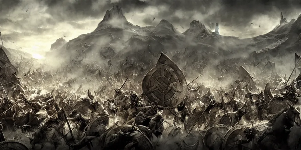 Prompt: an epic viking battle scene, concept art, realistic, detailed, epic scenery, blood