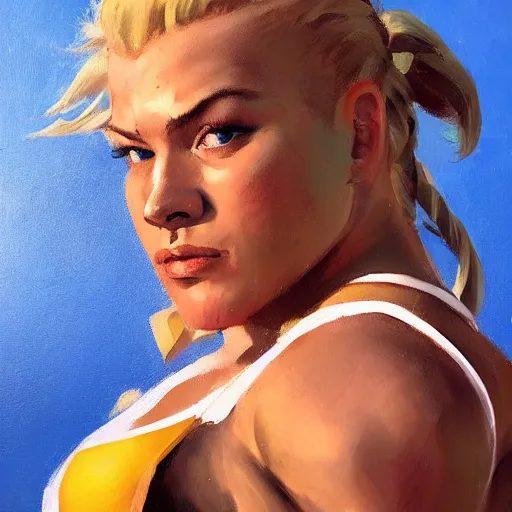 Image similar to greg manchess portrait of thick muscular weightlifter zarya from overwatch with ponytail and blonde hair, medium shot, asymmetrical, profile picture, organic painting, sunny day, matte painting, bold shapes, hard edges, street art, trending on artstation, by huang guangjian and gil elvgren and sachin teng