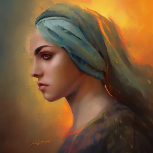 Image similar to A oil painting of a beautiful girl wearing a headscarf, centered face, intricate complexity, rule of thirds, face by Artgerm, character concept, dramatic lighting, complementary colors,by charlie bowater.