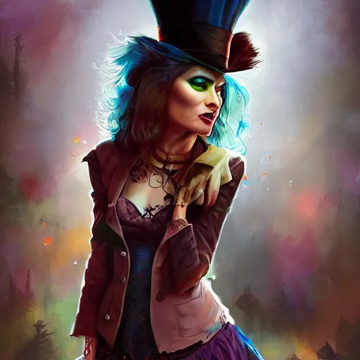 Prompt: realistic, full body portrait, attractive punk female mad hatter, by Jordan Grimmer and greg rutkowski, crisp lines and color,