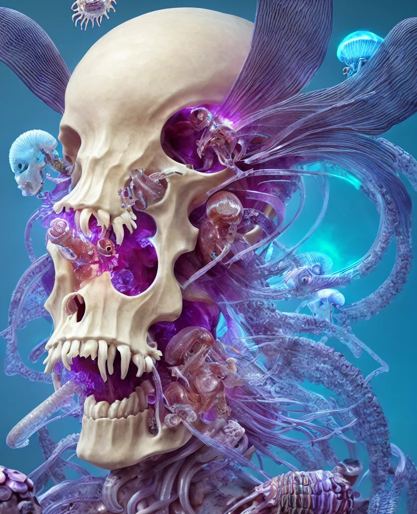 Image similar to goddess close-up portrait ram skull, thorax, x-ray, backbone, jellyfish phoenix head, nautilus, orchid, skull, betta fish, bioluminiscent creatures, intricate artwork by Tooth Wu and wlop and beeple. octane render, trending on artstation, greg rutkowski very coherent symmetrical artwork. cinematic, hyper realism, high detail, octane render, 8k