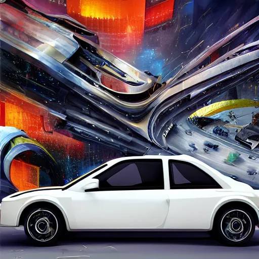 Image similar to sci-fi cars trucks motorcycles portrait 50% of canvas in center and wall near structure on the coronation of napoleon painting and digital billboard in the middle and everything in style of zaha hadid and suprematism forms unreal engine 5 keyshot octane artstation trending bladerunner 2049 colors lighting ultra high detail ultra photo realistic 8k 16k in plastic dark tilt shift