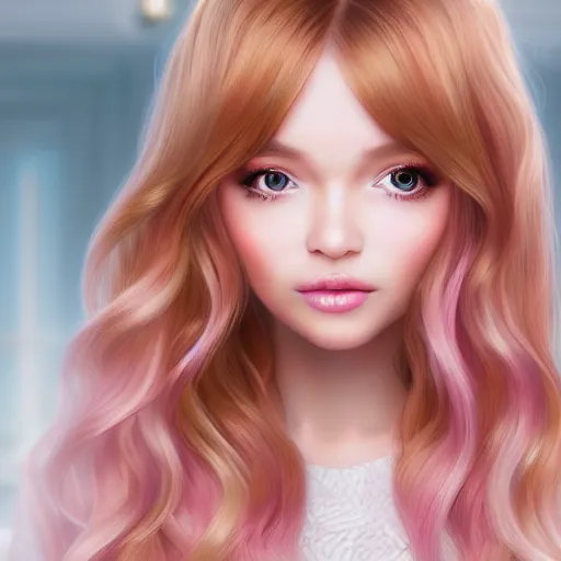 Image similar to beautiful hyperrealism hyperdetailed portrait of nikki from shining nikki dress - up game, a cute young woman, light pink hair, long hair with full bangs, full heart - shaped face, hazel amber eye color, pale skin, light blush, chinese heritage,, smiling softly, golden hour, soft focus, 8 k,