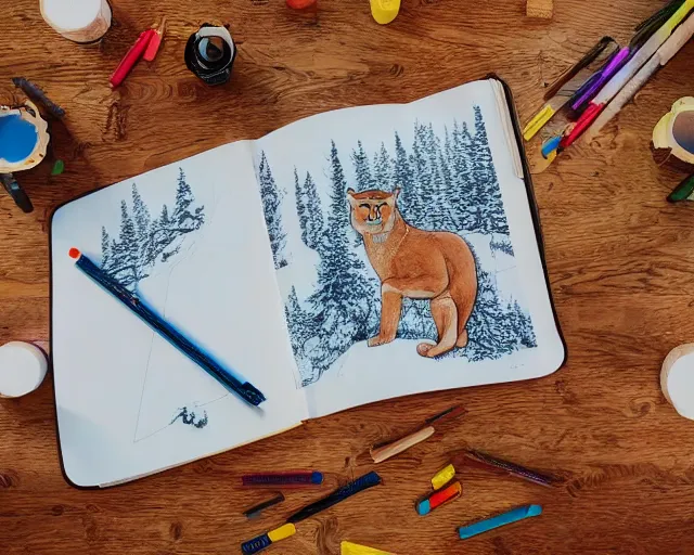 Image similar to unfinished colouring book showing 'a cougar sleeping in the middle of snowy pine tree' laying on coffee table, zoomed out shot, HD, iphone capture