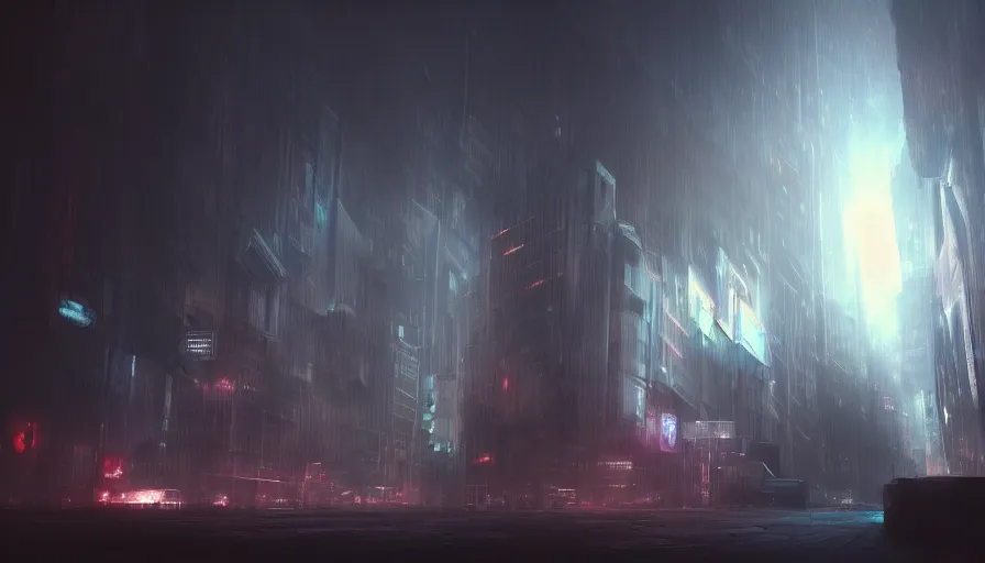 Prompt: man falling through clouds over a dark cyberpunk city, digital art, volumetric lighting, dystopia, artstation, concept art, painting