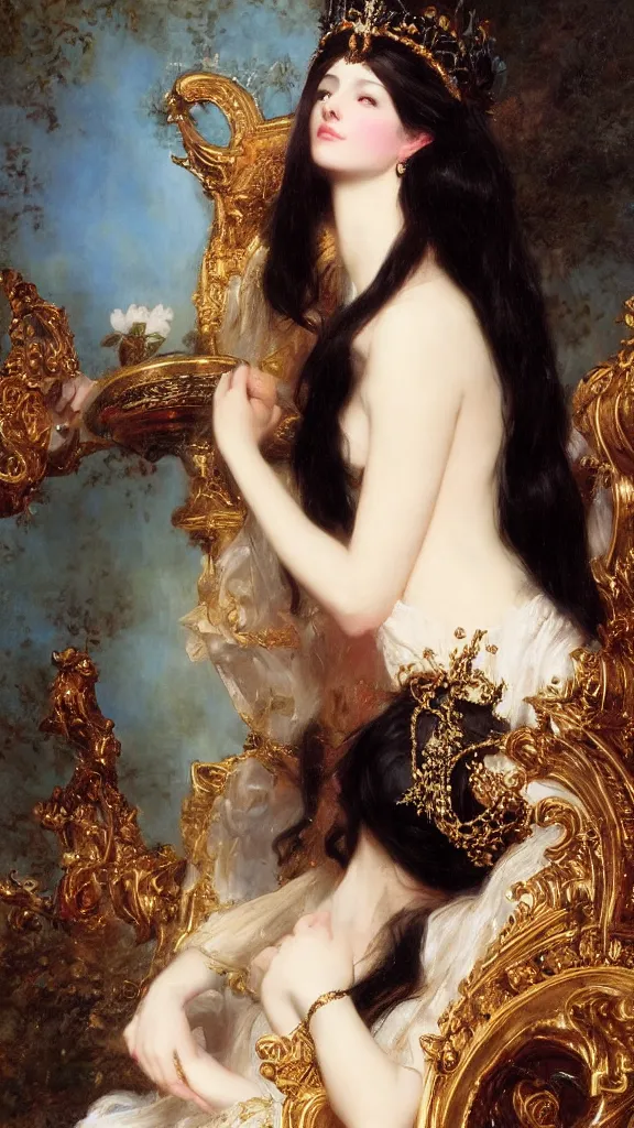 Image similar to a beautiful black haired woman with pale skin and a crown on her head sitted on an intricate metal throne by franz xaver winterhalter and delphin enjolras and rebecca guay