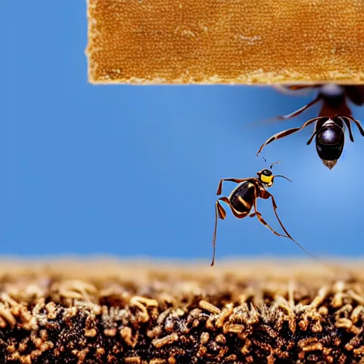 Prompt: Ants walking on a tightrope over a bee hive
