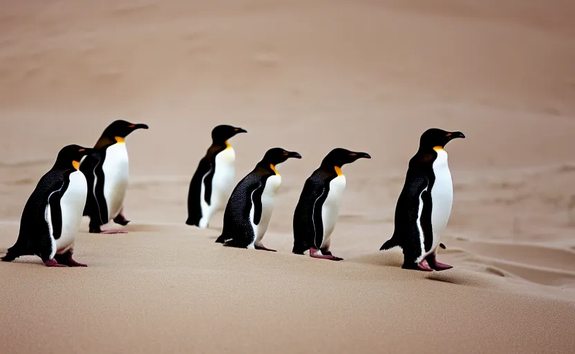 Prompt: penguins in sand dunes, photography