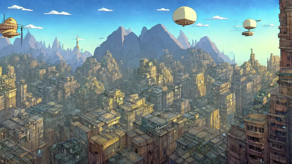 Prompt: A mountain surrounded by a metropolis by Craig Mullins, the city buildings are in a studio ghibli aesthetic, illustrative art of small steampunk airships flying around the city by Mattias Adolfsson, In the foreground are animal people on rooftops by Mattias Adolfsson,