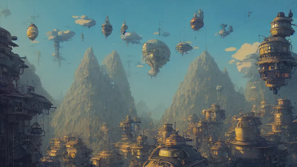 Prompt: Mountain by Craig Mullins, Downtown in a studio ghibli aesthetic, illustrative art of various small steampunk airships flying around the city by Mattias Adolfsson, Rendered in Octane, cinematic, Highly Detailed