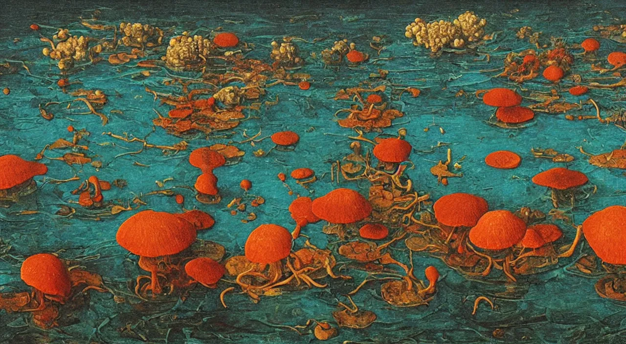 Prompt: a single fungus growing in water! in the middle of the empty ocean, a high contrast!! ultradetailed photorealistic painting by jan van eyck, audubon, rene magritte, agnes pelton, max ernst, walton ford, andreas achenbach, ernst haeckel, hard lighting, masterpiece