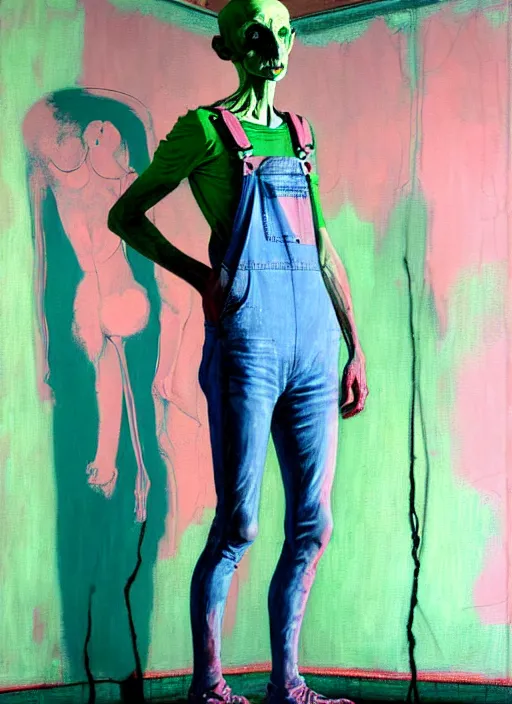 Image similar to an insane, skinny, artist wearing overalls, expressive painting the walls inside a grand messy studio, depth of field, hauntingly surreal, highly detailed painting by francis bacon, edward hopper, adrian ghenie, glenn brown, and james jean, soft light 4 k in pink, green and blue colour palette, cinematic composition,