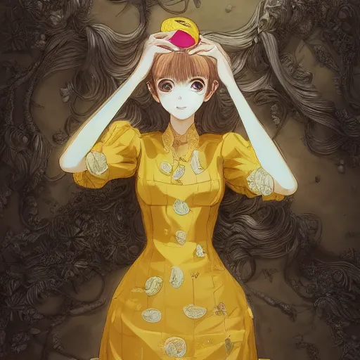 Image similar to the portrait of an absurdly beautiful, graceful, elegant, sophisticated, young teen anime girl made up of lemons looking up, an ultrafine hyperdetailed illustration by kim jung gi, irakli nadar, intricate linework, bright colors, octopath traveler, final fantasy, unreal engine 5 highly rendered, global illumination, radiant light, detailed and intricate environment