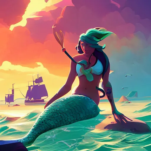 Image similar to painting mermaid treasure on sea of thieves game avatar hero smooth face median photoshop filter cutout vector, behance hd by jesper ejsing, by rhads, makoto shinkai and lois van baarle, ilya kuvshinov, rossdraws global illumination