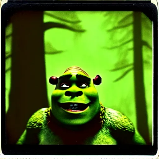 Image similar to 1 9 6 0's old polaroid of monster shrek staring from the depths of the dark gloomy forest, photorealistic, grainy, found footage, old film, low quality, horror, creepy, unsettling, liminal, strangely terrifying