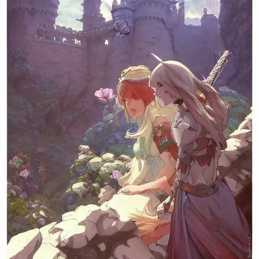 Image similar to the knight and the sword of rose petal, anime, castle core, mountains, rocky roads. by hayao miyazaki and rossdraws and artgerm and greg rutkowski and alphonse mucha and studio ghibli and ilya kuvshinov. high quality, stunning, intricate detailed environment. 8 k