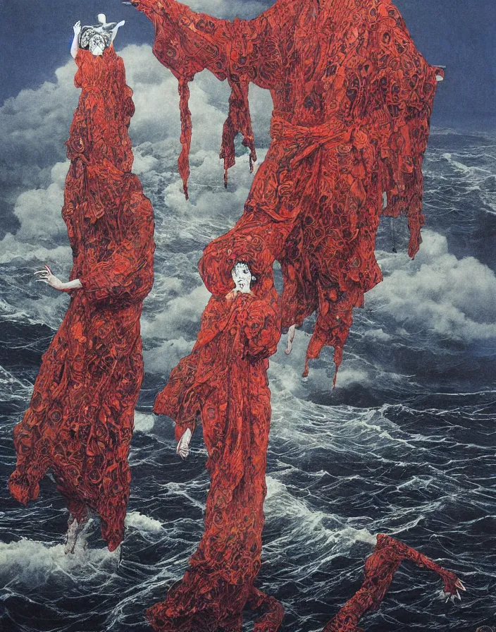 Image similar to worshippers in robes belonging to the cult of the lighthouse standing in waves, a lighthouse, high detailed Beksinski painting, part by Adrian Ghenie and Gerhard Richter and Ian Miller. art by Takato Yamamoto. masterpiece, deep colours, blue