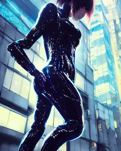 Image similar to kyoto animation, cool girl wearing cyberpunk intricate catsuit, beautiful, detailed portrait, cell shaded, 4 k, concept art, by wlop, ilya kuvshinov, artgerm, krenz cushart, greg rutkowski, pixiv. cinematic dramatic atmosphere, sharp focus, volumetric lighting, cinematic lighting, studio quality