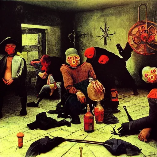 Image similar to 1 9 9 3 disposable camera color photo of a modern gang of plague doctors in the style of jan saudek, annie liebovitz, pieter bruegel the elder, joel peter witkin, gustave dore, heironymus bosch