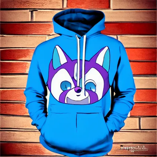 Image similar to anime style colored pencil sketch of an anthropomorphic blue fox fursona furry male character wearing a stylish all over print hoodie, notebook drawing, realisitc photo